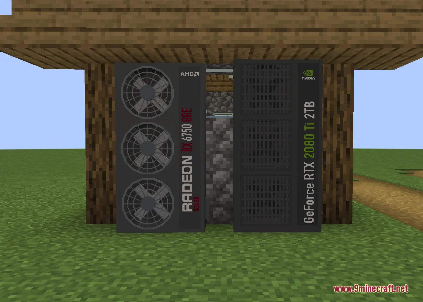 Large graphics card blocks placed under a wooden structure in a Minecraft world