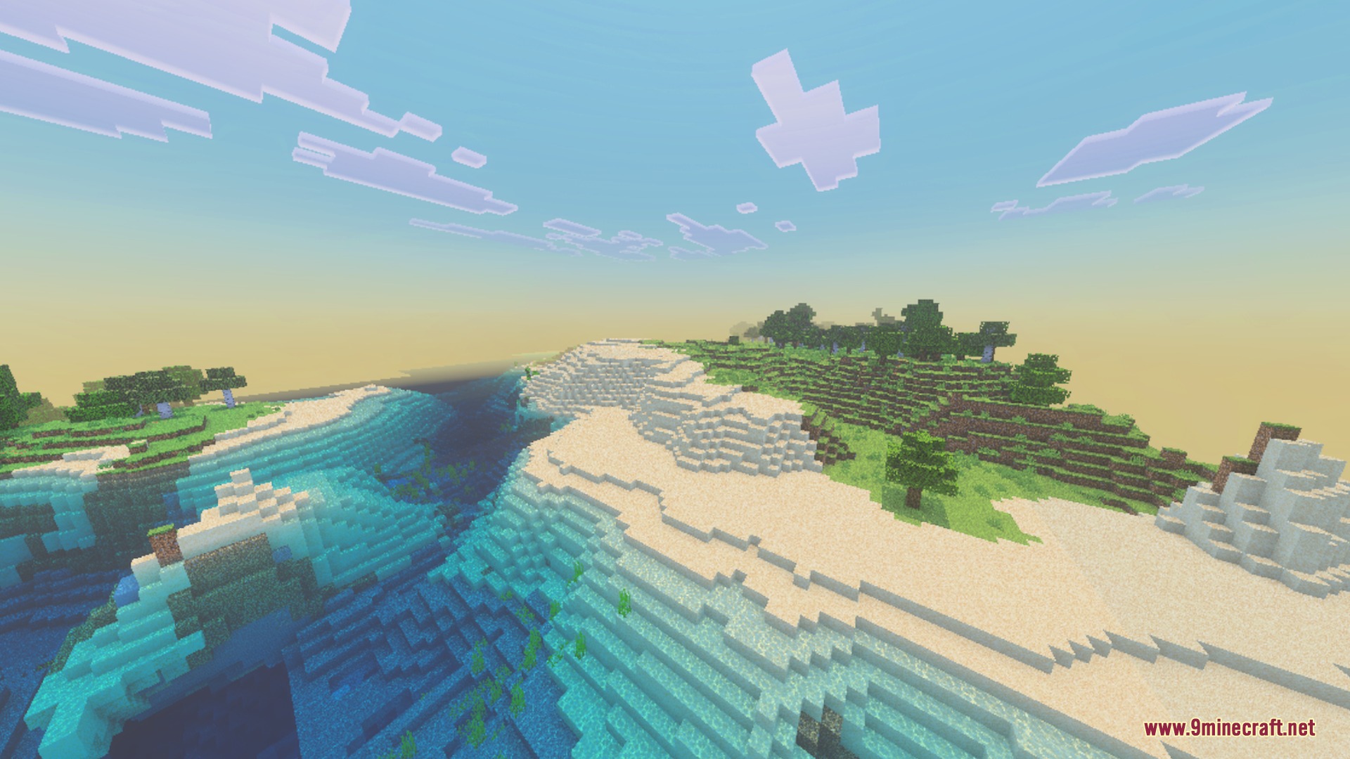 EMERALD VIBRANT Shader Screenshot 1 Emerald Vibrant shader adds warm lighting to a coastal landscape with clear blue water