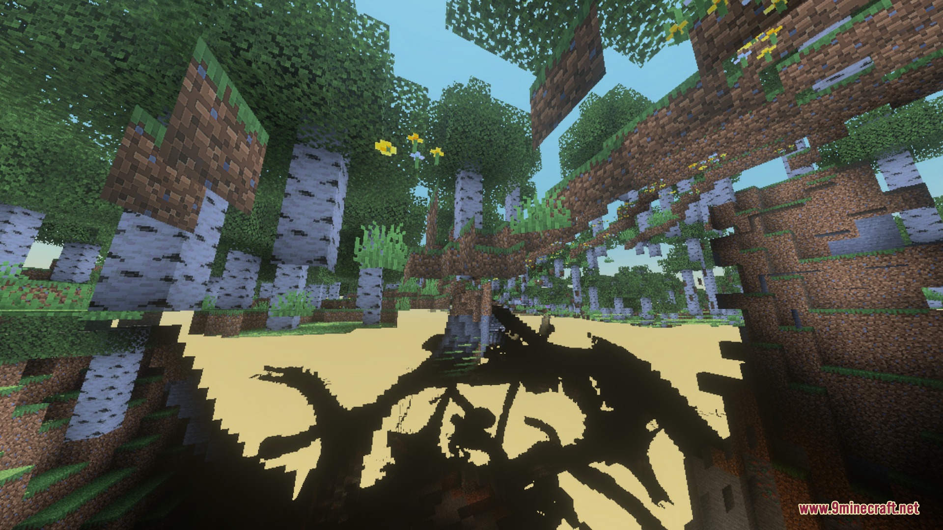 EMERALD VIBRANT Shader Screenshot 2 Realistic tree shadows cast on the ground in a bright birch forest biome