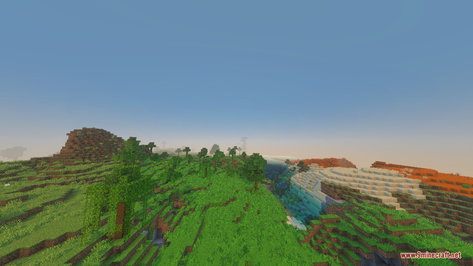 EMERALD VIBRANT Shader Screenshot 4 Warm sunlight glows over a vast green landscape and a clear river