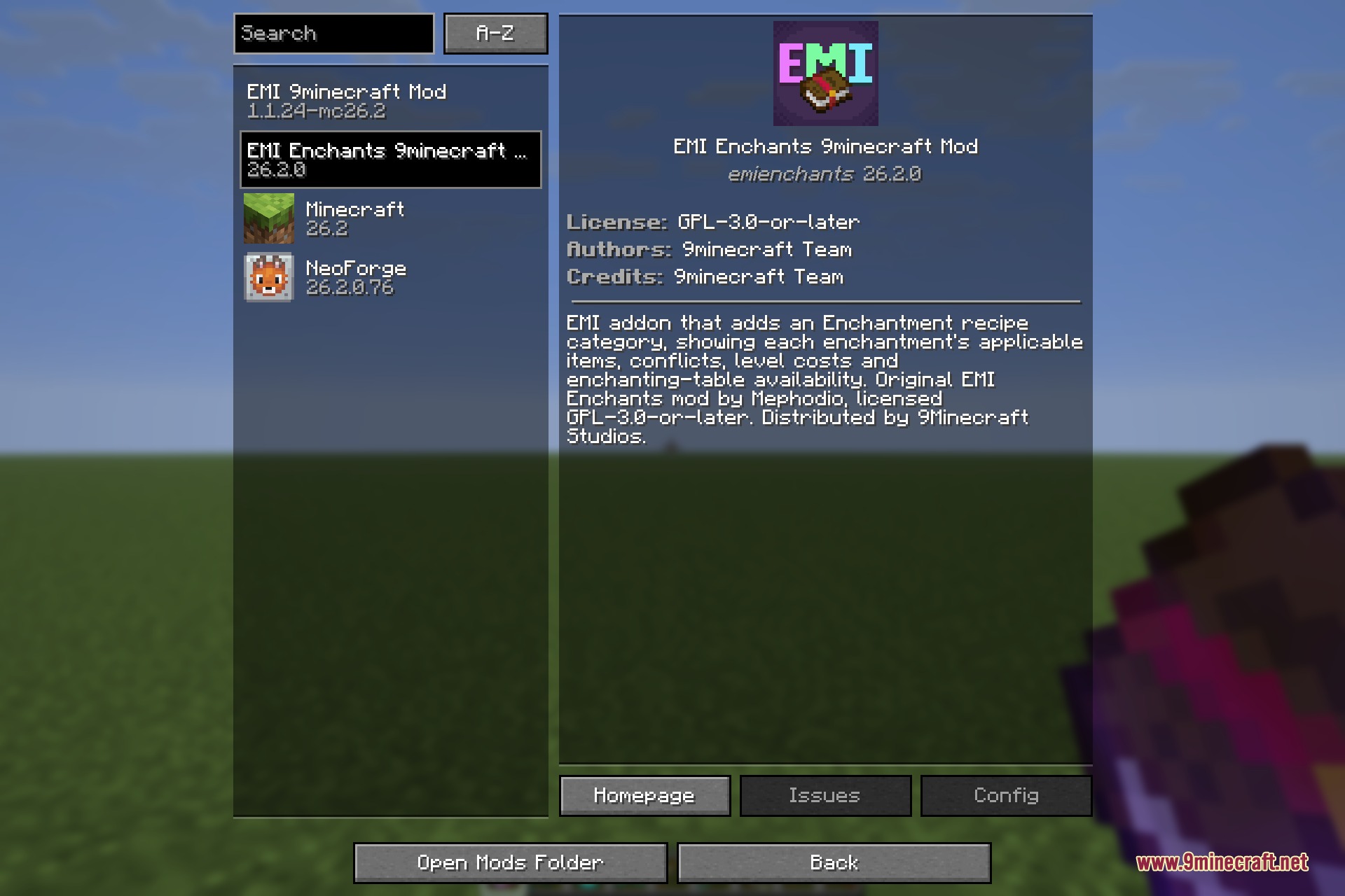 Minecraft mod menu screen displaying information about the EMI Enchants addon