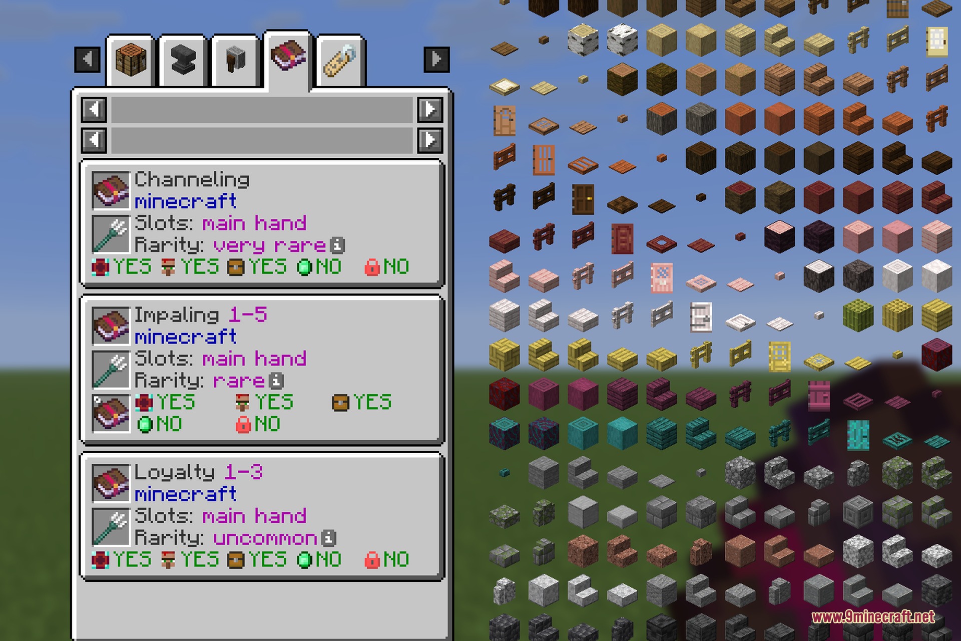 A Minecraft interface displaying detailed enchantment statistics for various trident items