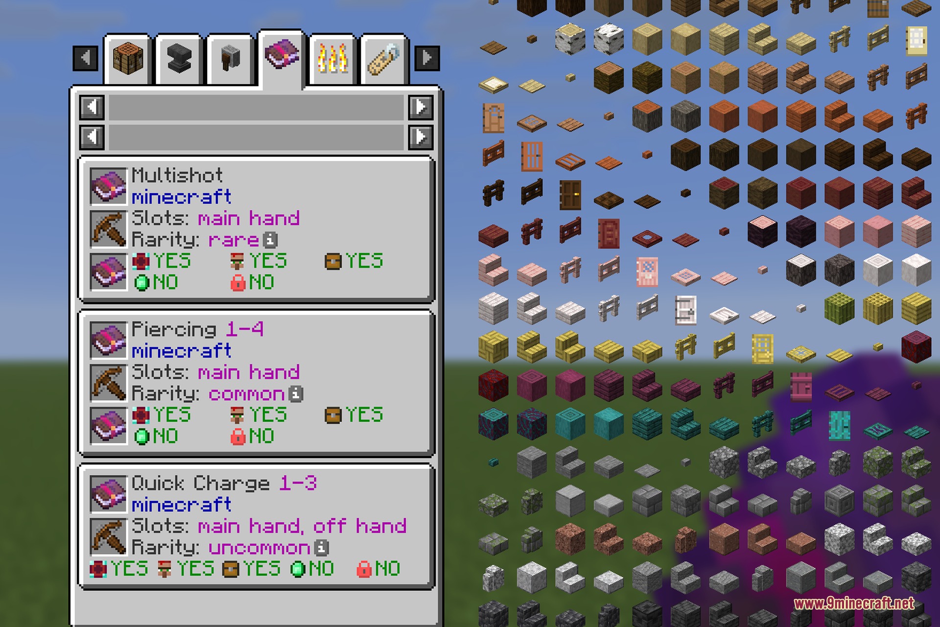 EMI Enchants menu displaying detailed enchantment information and compatible items in Minecraft
