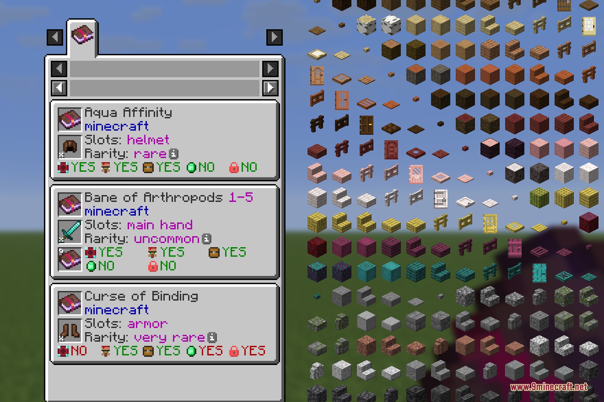 Minecraft interface displaying enchantment stats and item compatibility for enchanted books