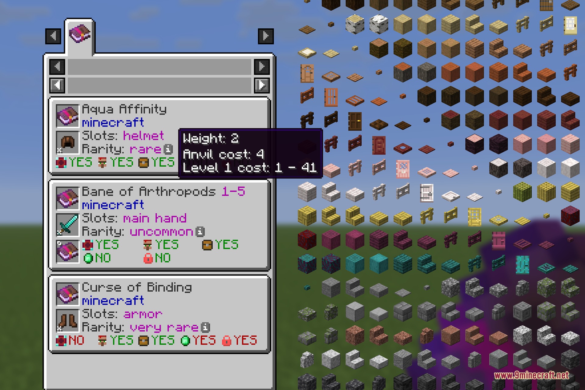 EMI Enchants interface displaying detailed enchantment stats and compatible item slots