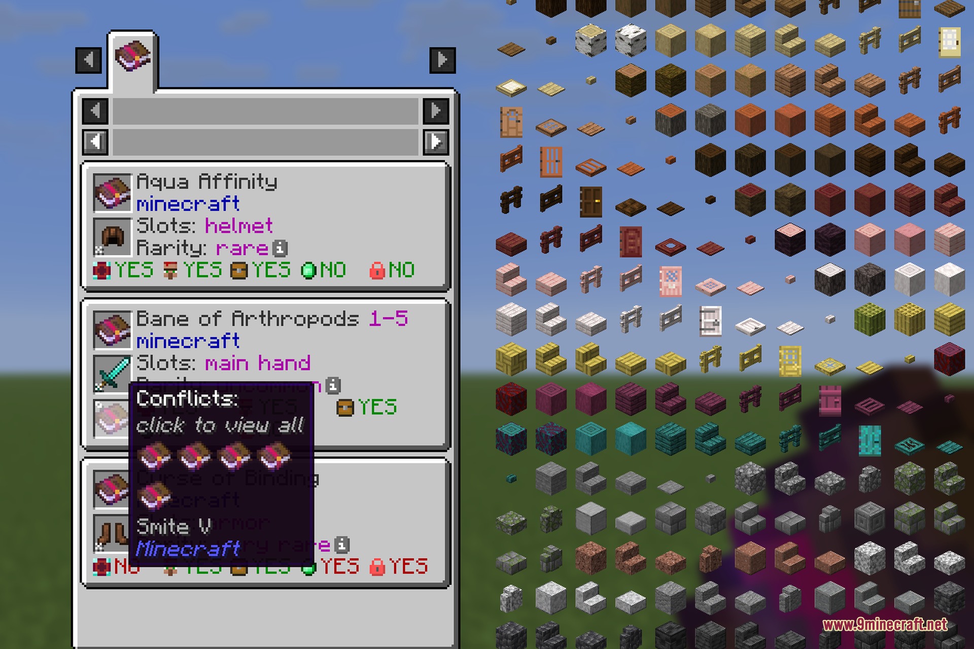 Tooltip showing conflicting enchantments for Bane of Arthropods in the Minecraft menu