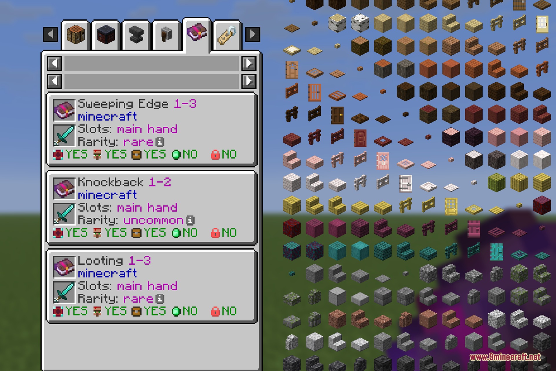 Minecraft interface displaying detailed information for sword enchantments and their rarity levels