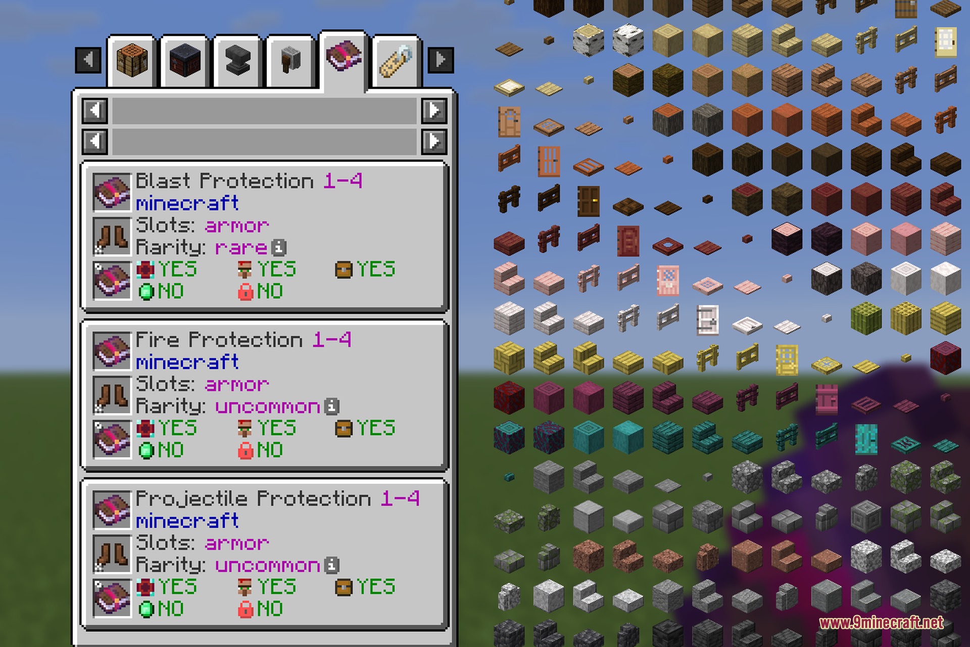 Minecraft menu showing protection enchantment details for armor pieces and their rarity