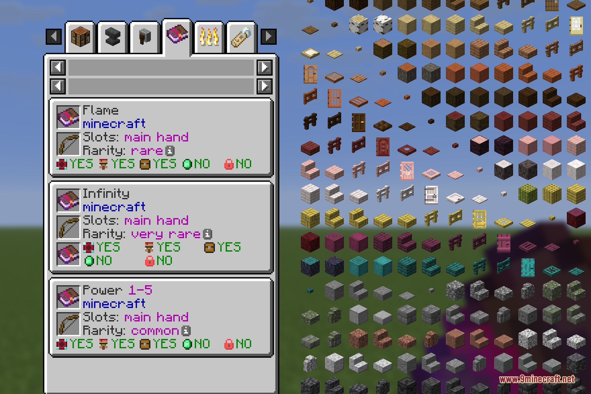 EMI Enchants mod interface displaying detailed information for various bow enchantments