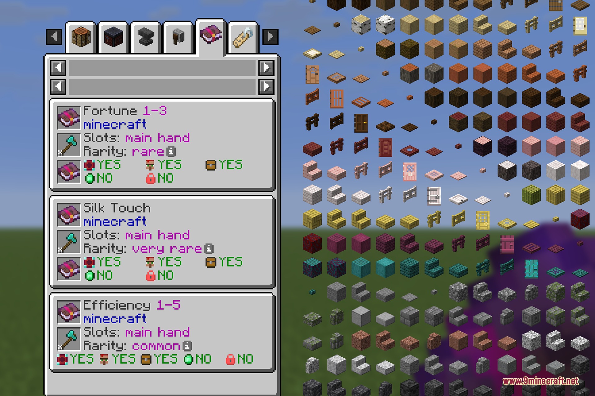 Minecraft interface showing detailed information for tool enchantments like Fortune and Efficiency
