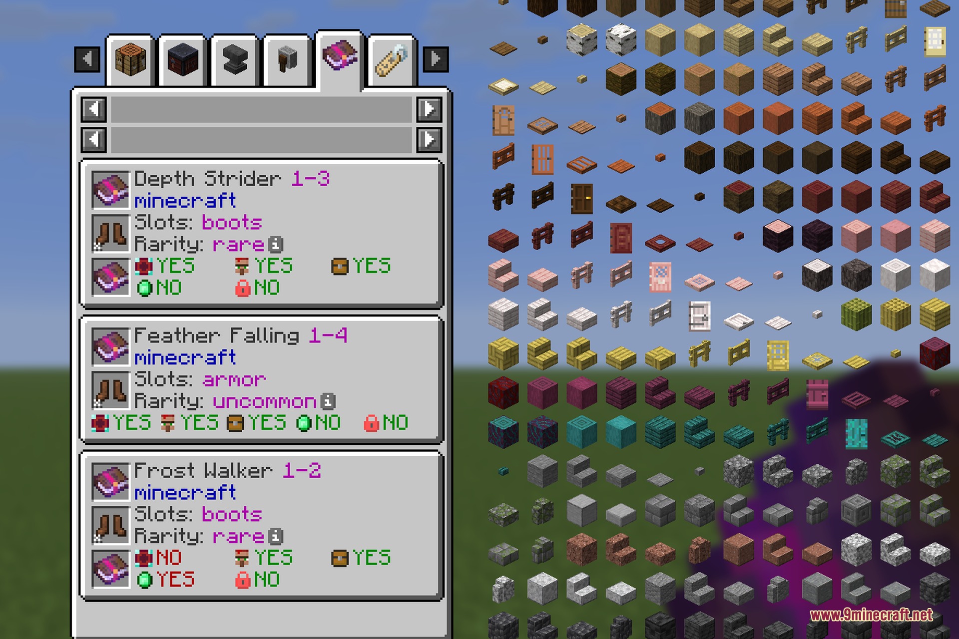 A Minecraft interface displaying detailed enchantment statistics for various boot items