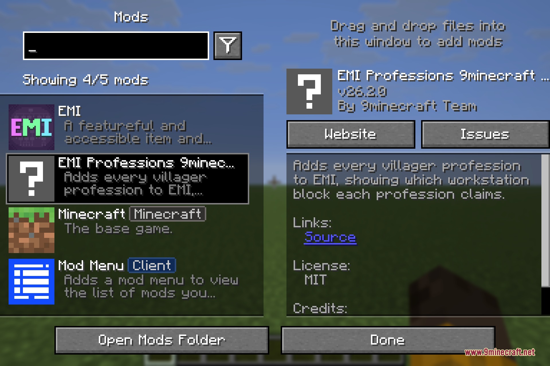 EMI Professions 9minecraft Mod Screenshot 1 Minecraft mod menu screen showing the EMI Professions addon and its details