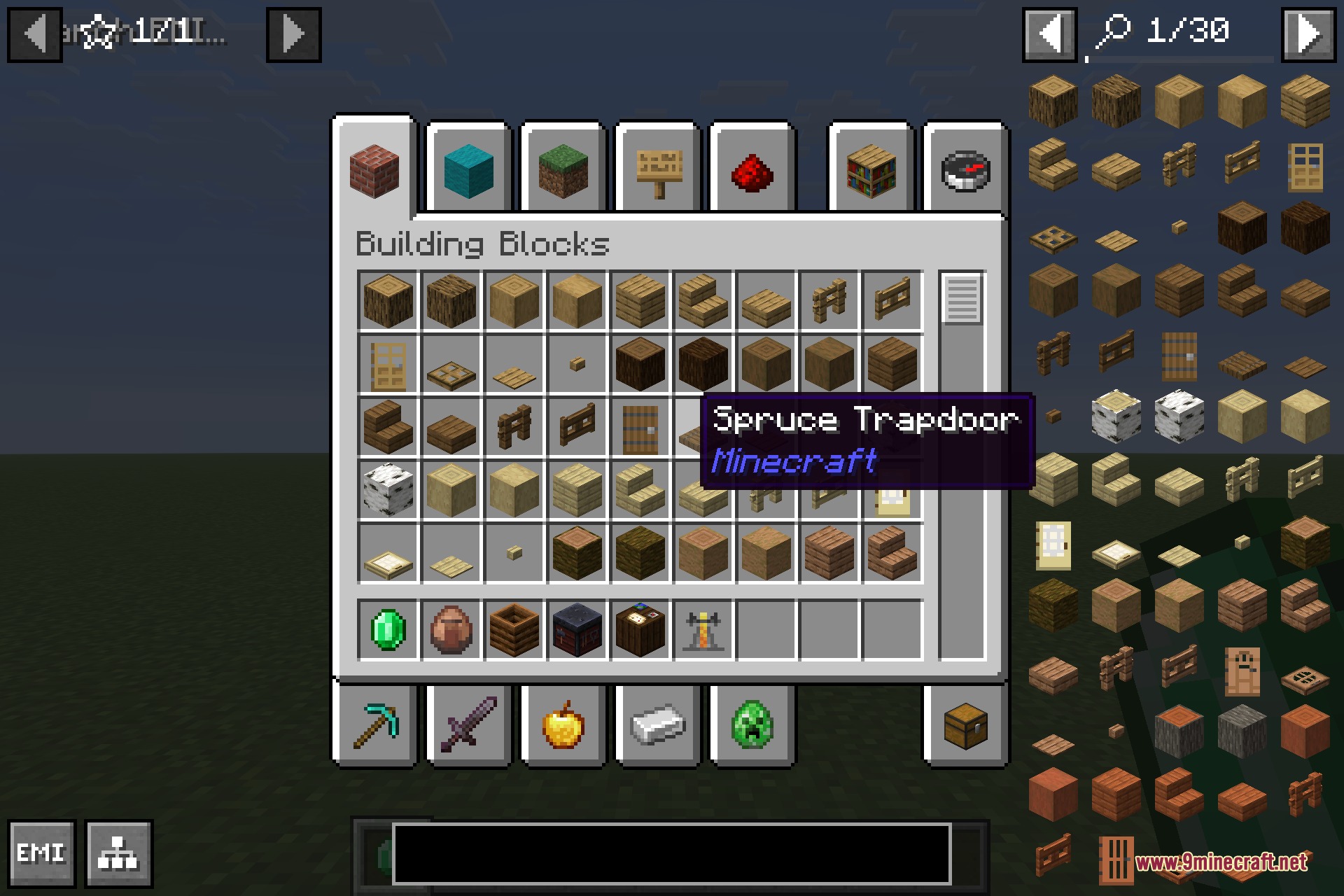 EMI Professions 9minecraft Mod Screenshot 10 The creative inventory menu displays various building blocks and a spruce trapdoor tooltip