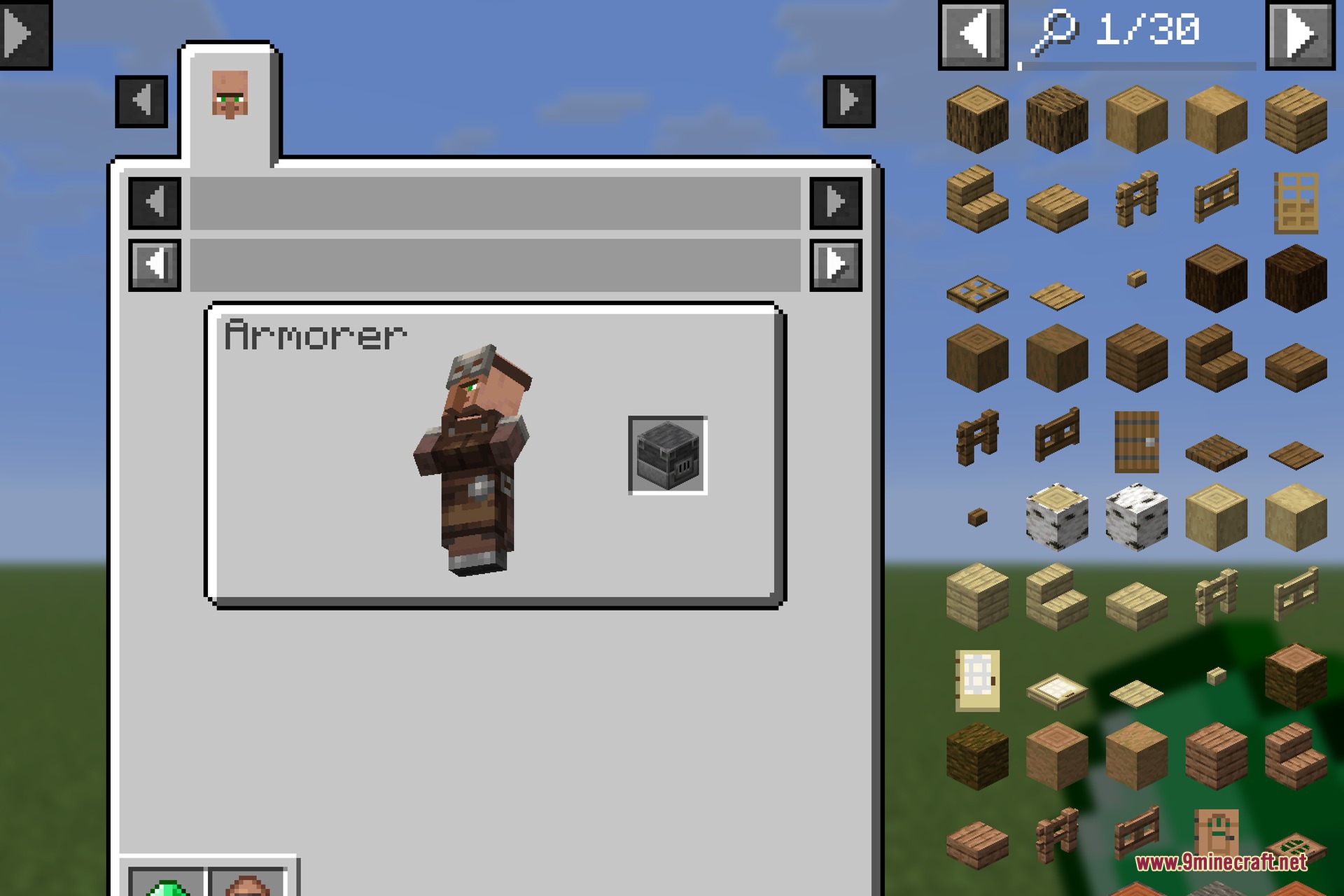 EMI Professions 9minecraft Mod Screenshot 2 The recipe viewer interface showing an Armorer villager and its workstation block