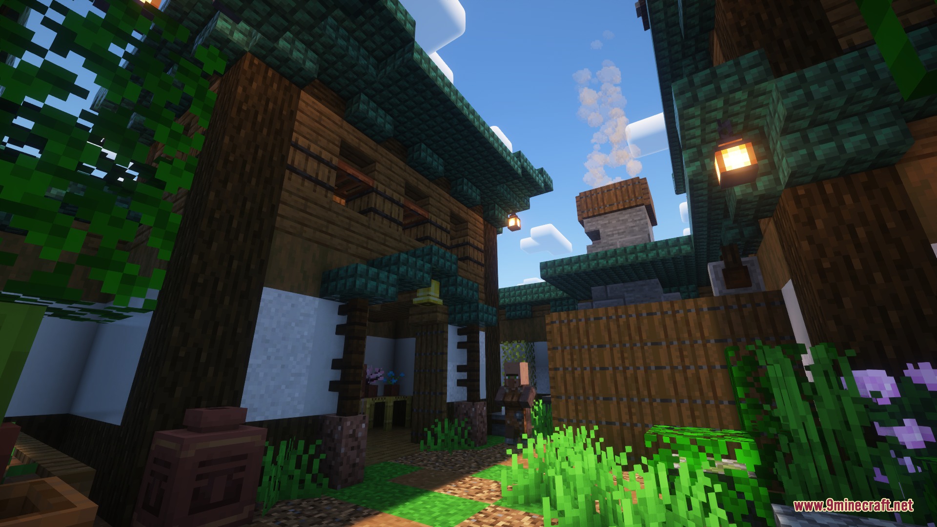 Eastern Hearth Colony Mod Screenshot 2 Detailed courtyard of a Japanese residence featuring wooden pillars and stone chimney