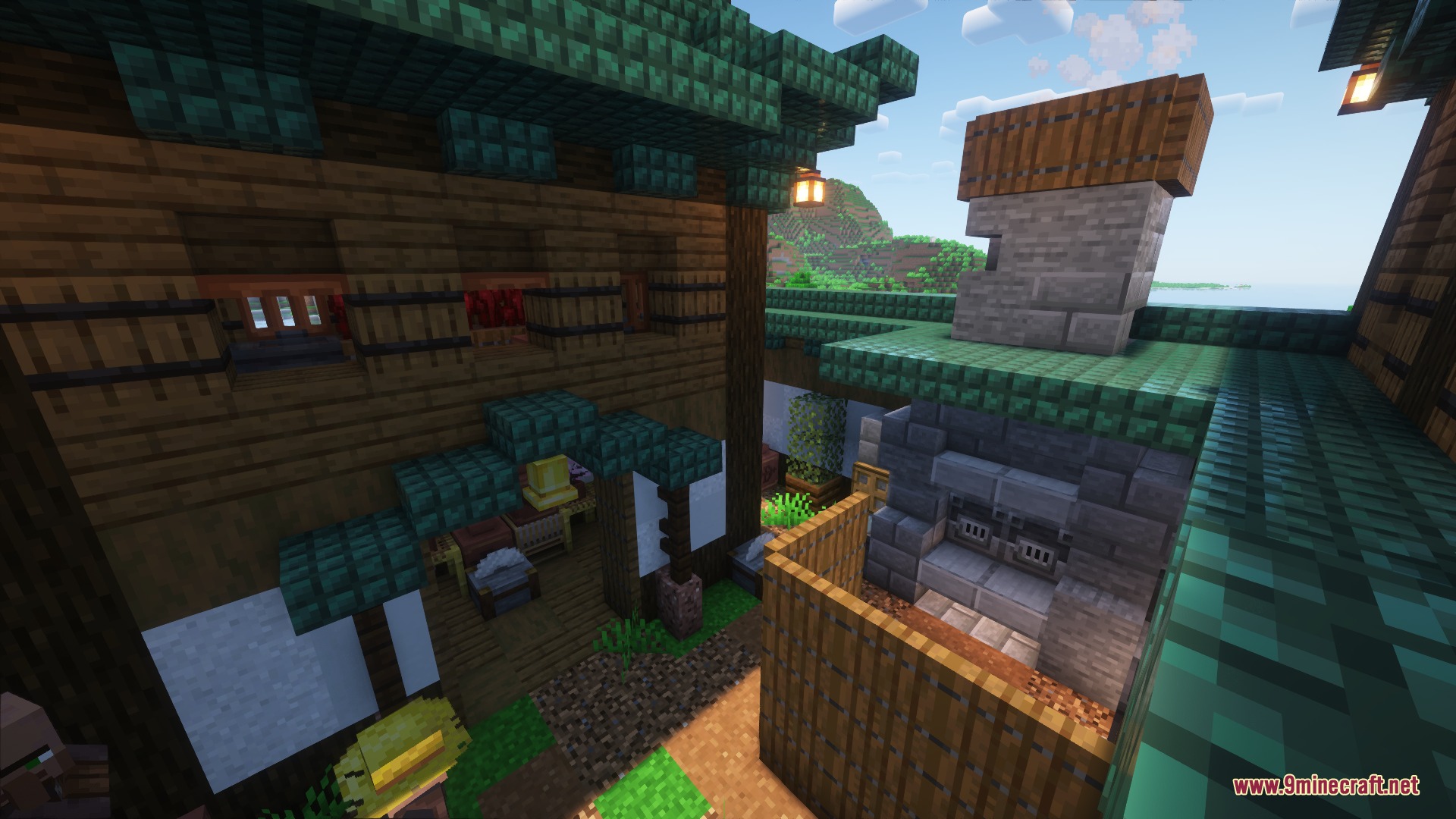 Eastern Hearth Colony Mod Screenshot 3 Traditional Japanese style house with a blacksmith forge and teal roofs