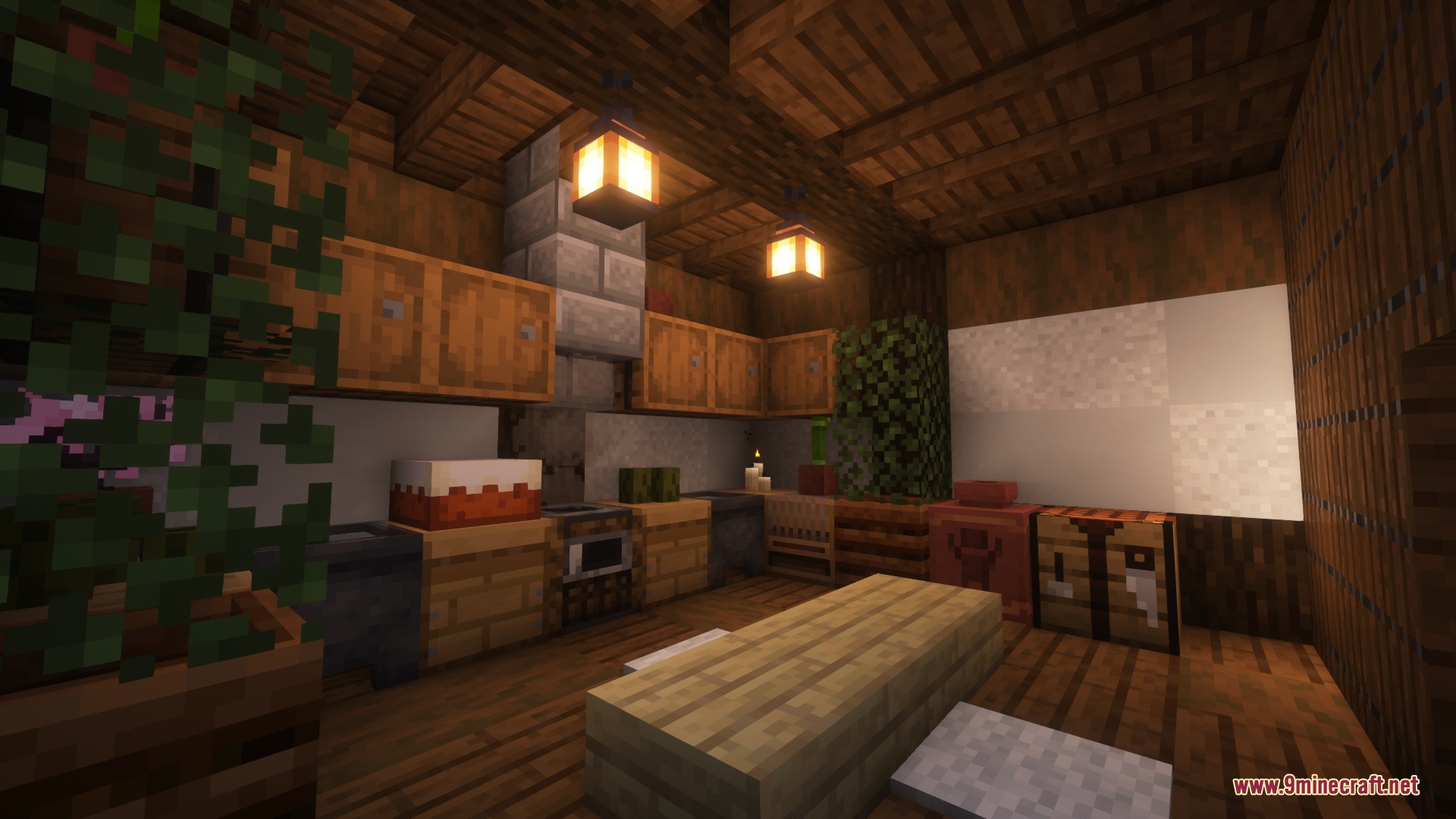 Eastern Hearth Colony Mod Screenshot 4 Cozy kitchen interior with wooden cabinets and a stone stove