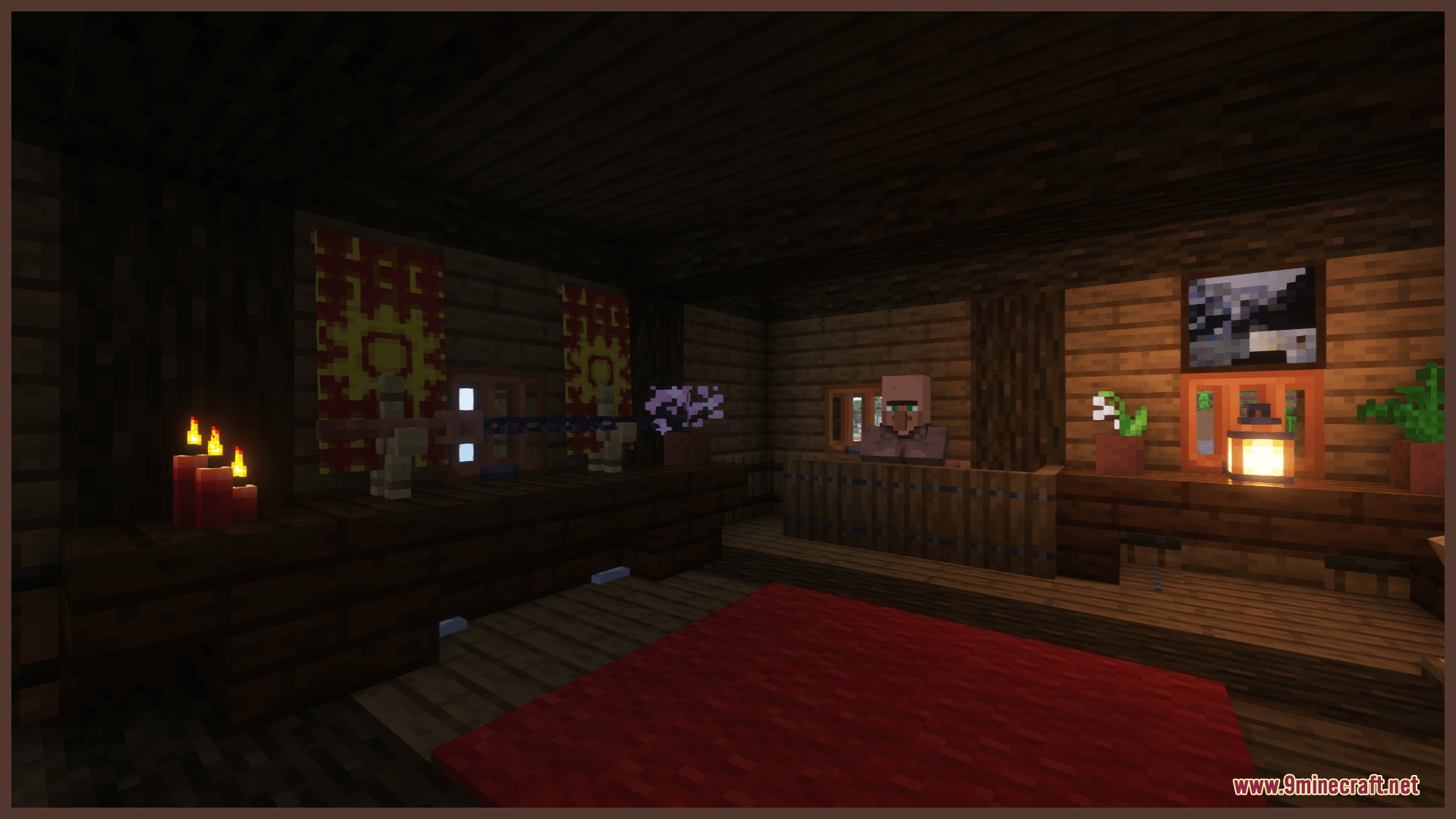Eastern Hearth Colony Mod Screenshot 8 Villager merchant standing behind a wooden counter inside a cozy dark room