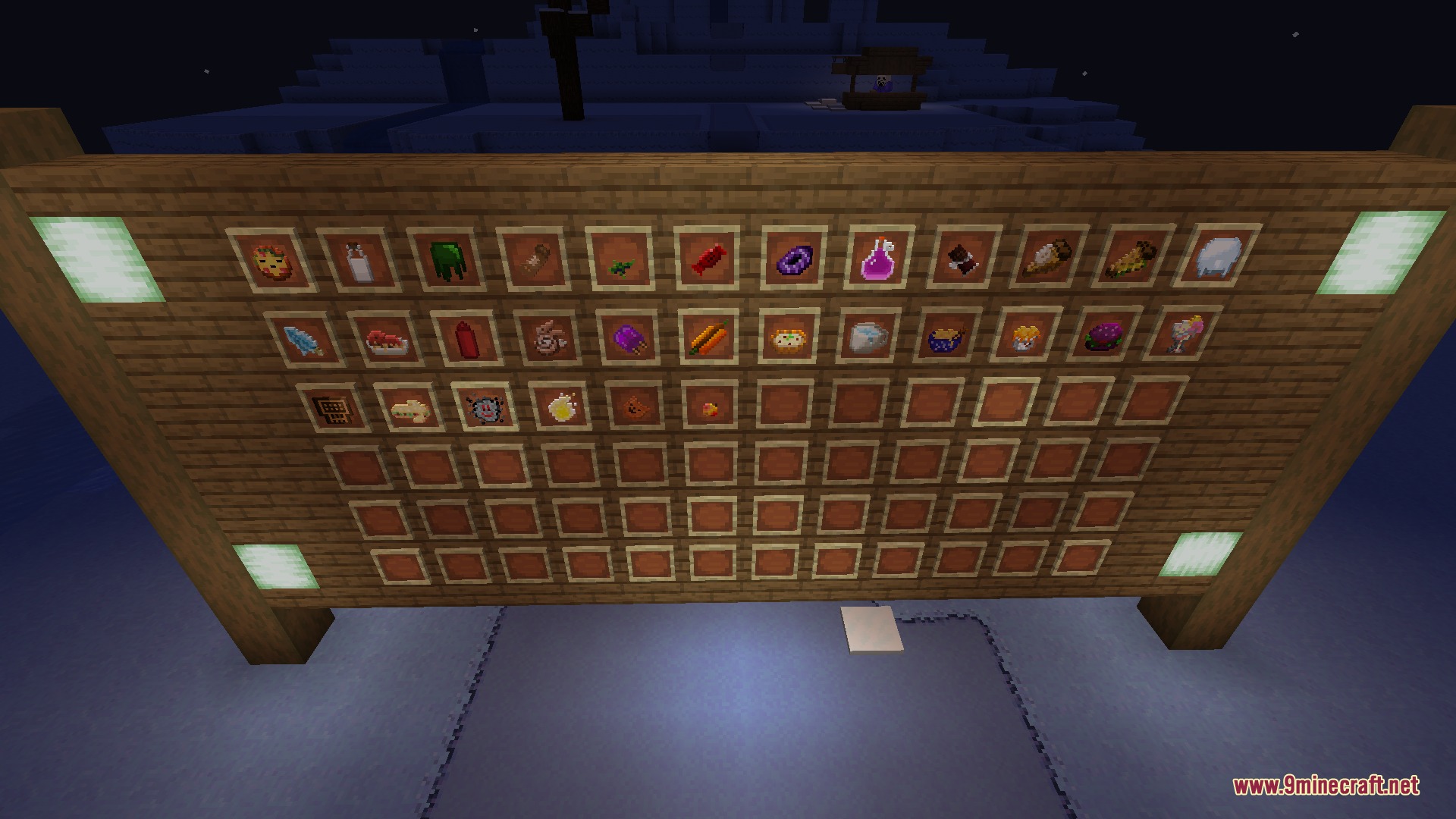 Various custom food items and materials displayed in item frames on wood