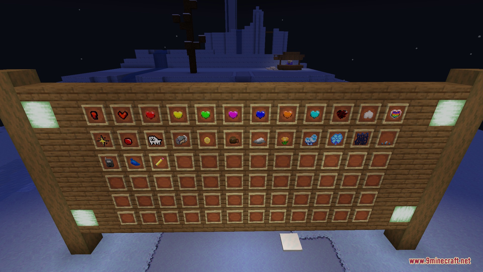 A collection of colorful soul items and materials displayed on a wooden wall