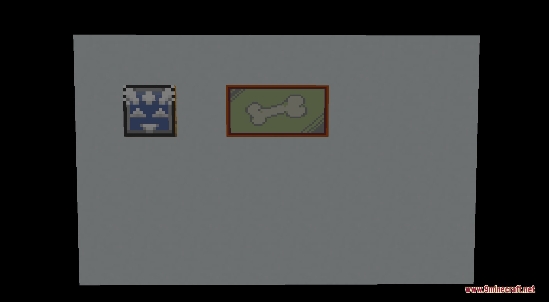 Custom paintings featuring a bone and a crest on a gray wall