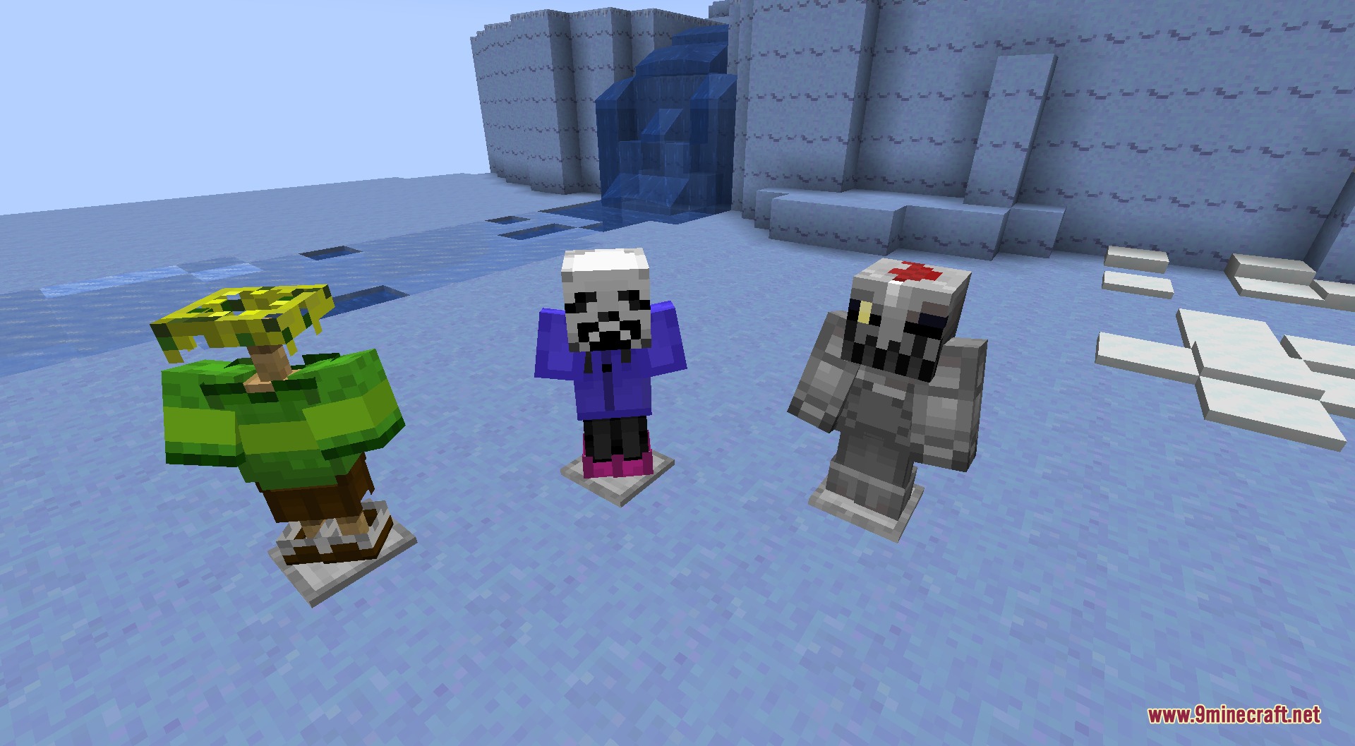 Three armor stands displaying custom Undertale themed armor sets in a snowy biome