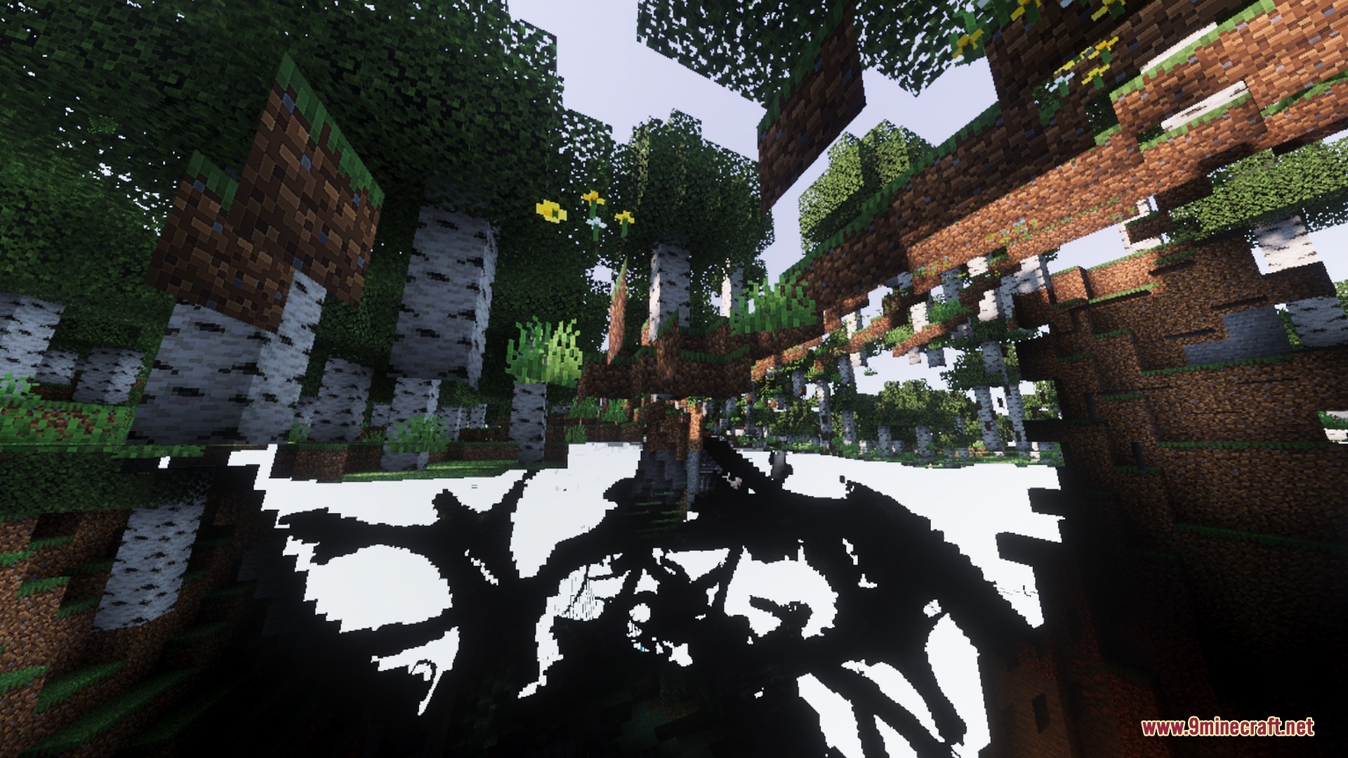 Low angle view of birch trees and flowers with enhanced lighting effects