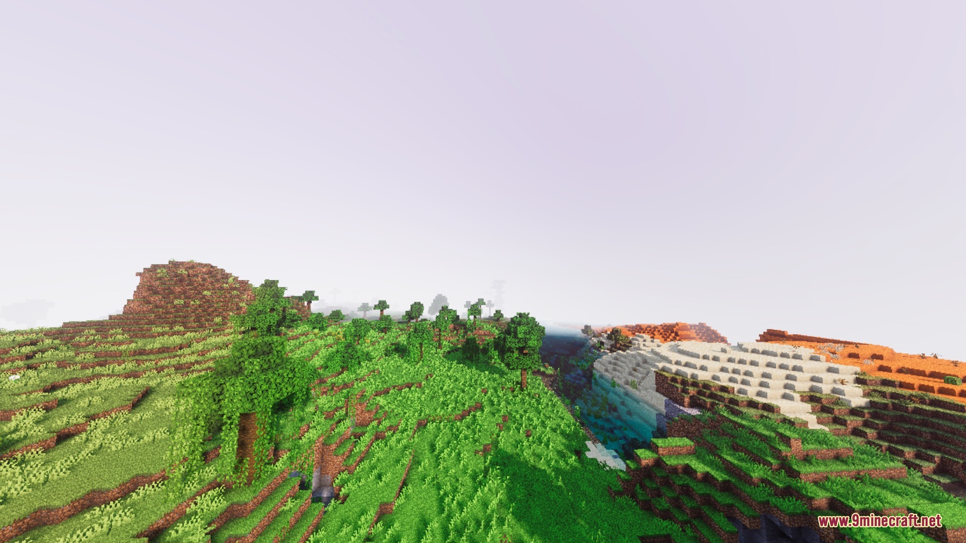 Realistic sunlight shining over a river valley between lush hills and desert