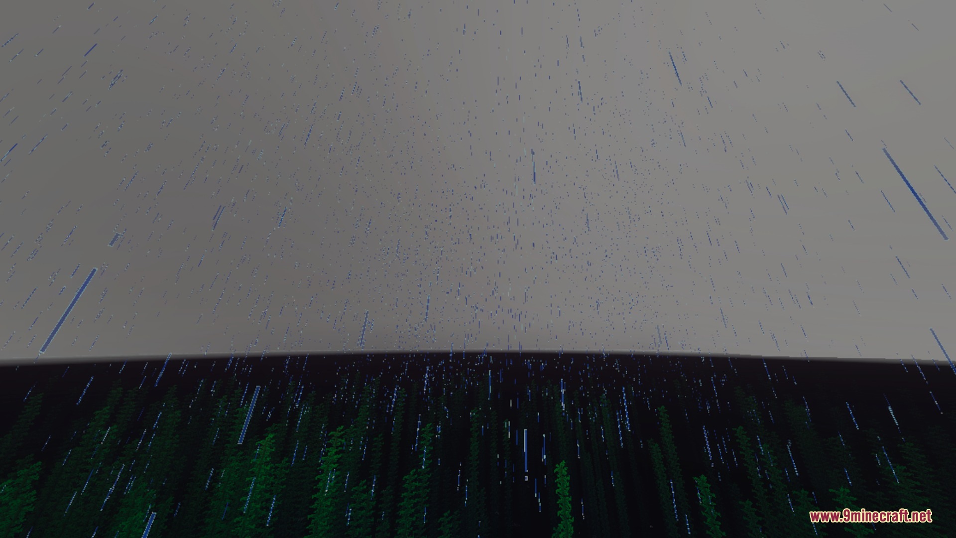 Heavy rain falling from a grey sky onto a dark Minecraft forest
