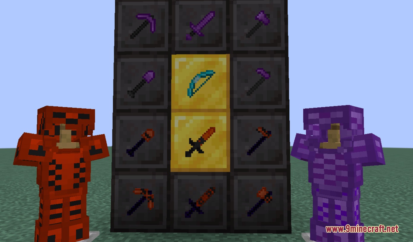 Elemental Triad Reborn Mod Screenshot 1 Armor stands wearing red and purple gear next to elemental tool displays