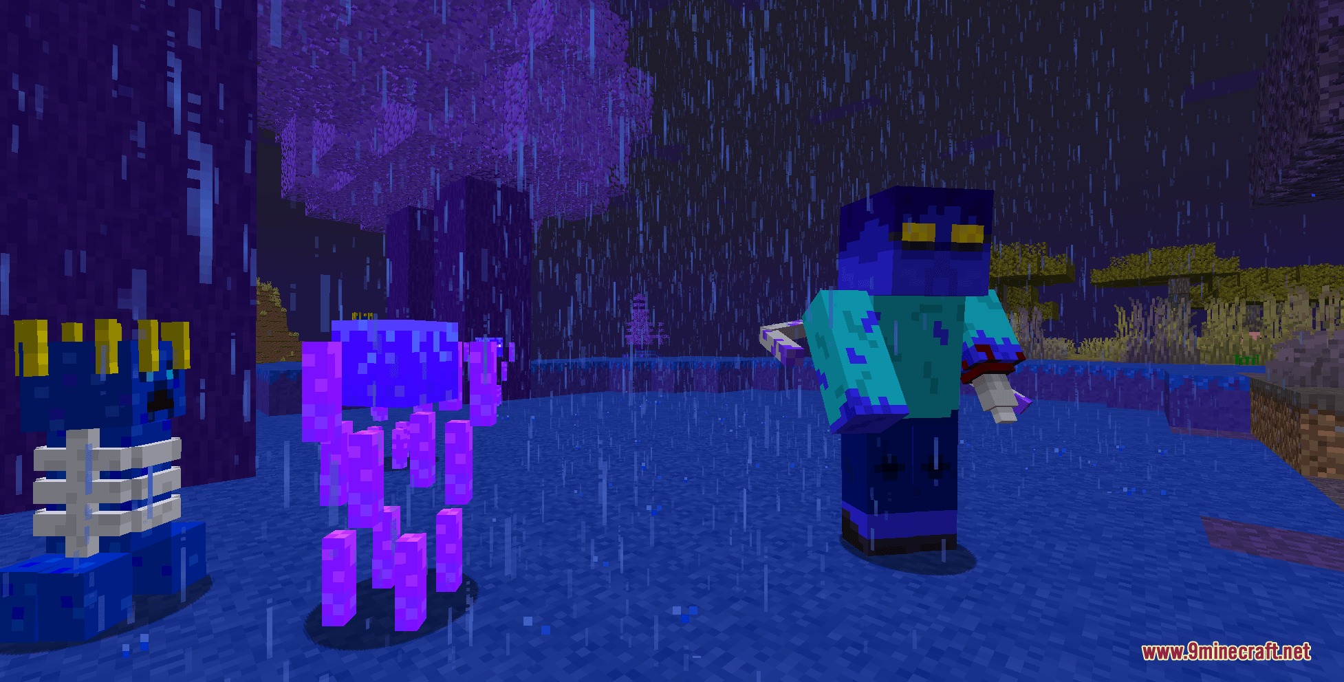 Elemental Triad Reborn Mod Screenshot 7 Electrified Zombie and custom monsters standing in the rainy Tormented Forest biome