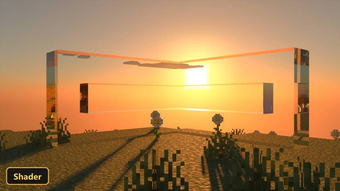 Sunset over a grassy field with transparent structures and flowers