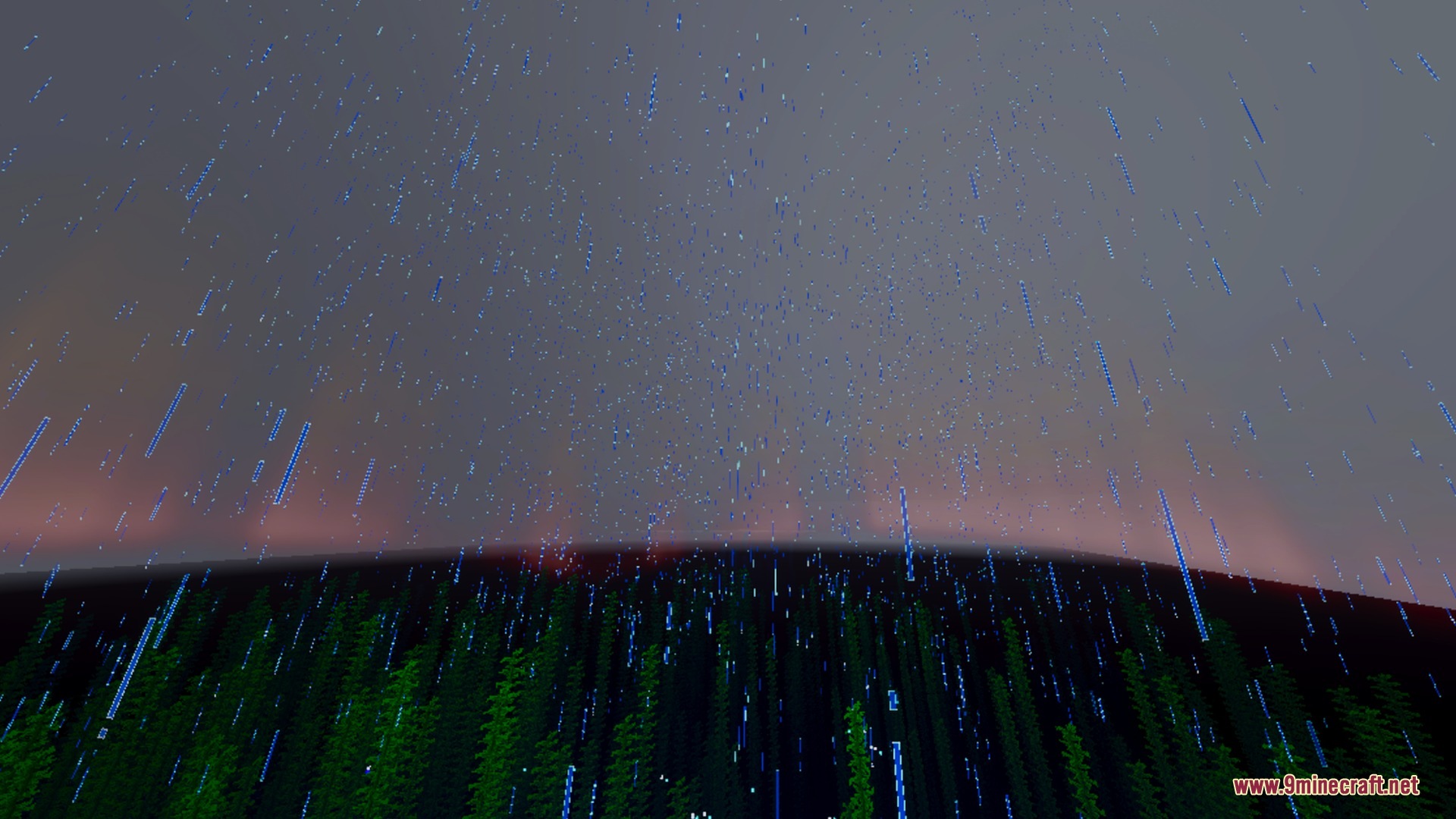 Blue rain falling against a dark sky with a crimson glow on the horizon
