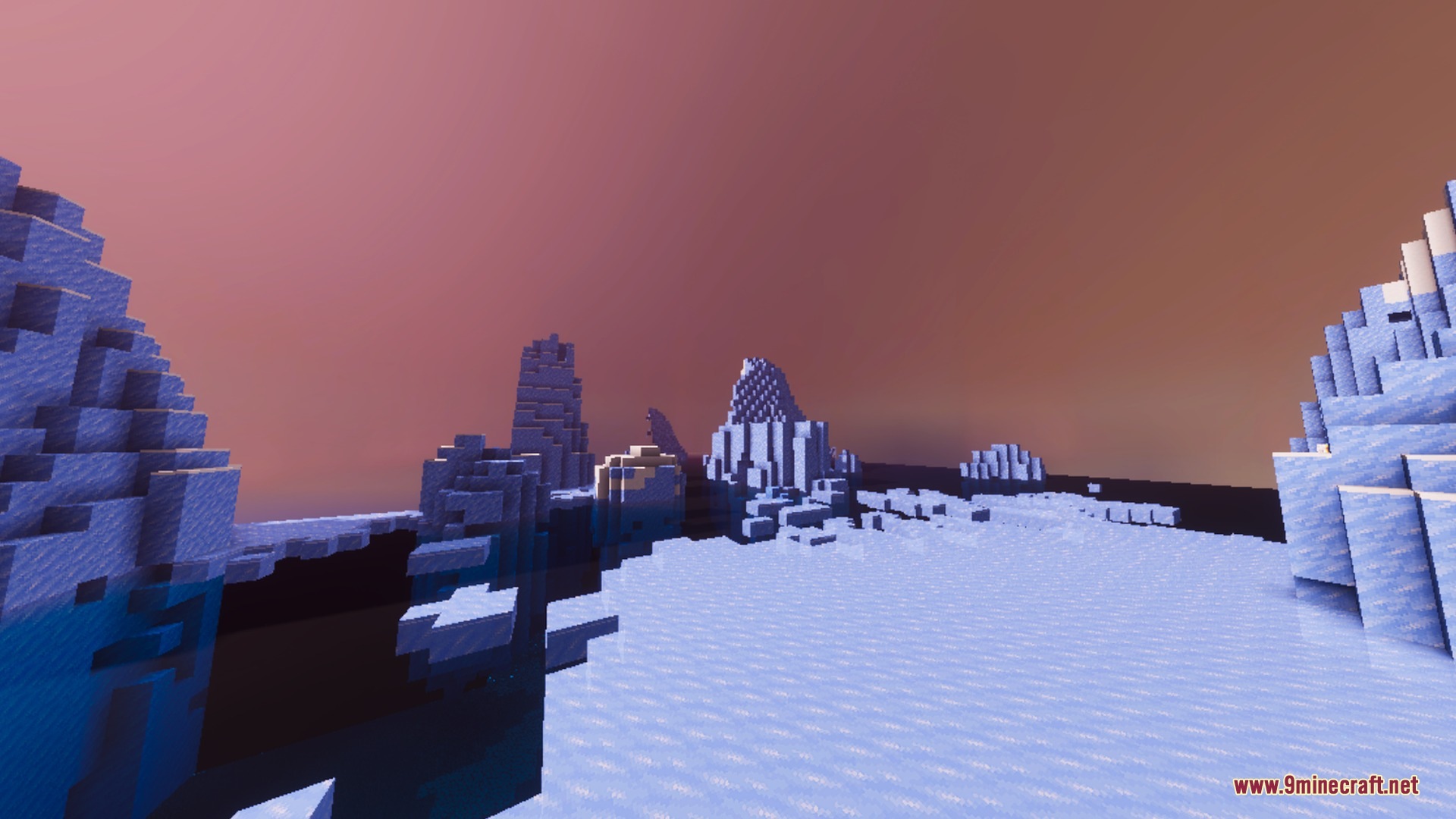 A frozen Minecraft landscape with ice spikes under a reddish orange sky