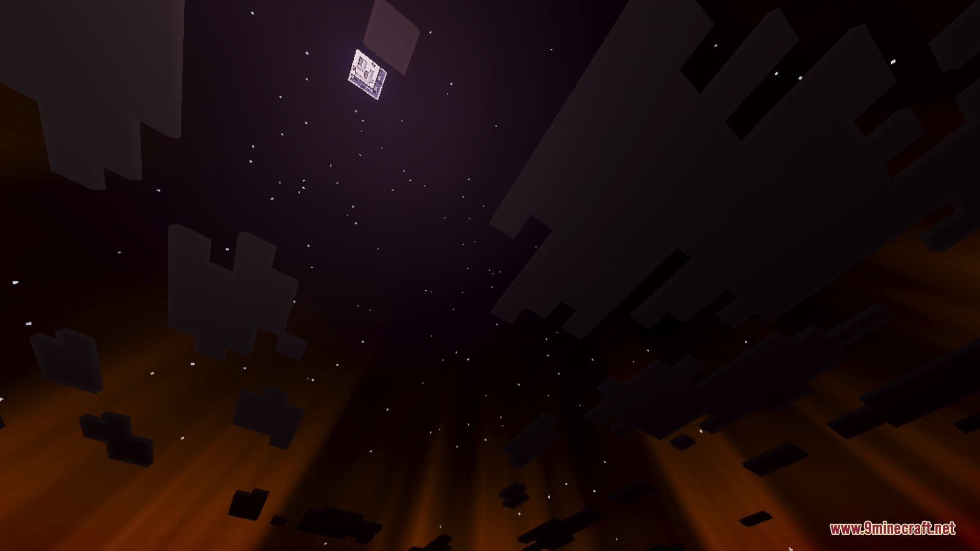 Square moon and stars visible through dark clouds with warm orange light rays