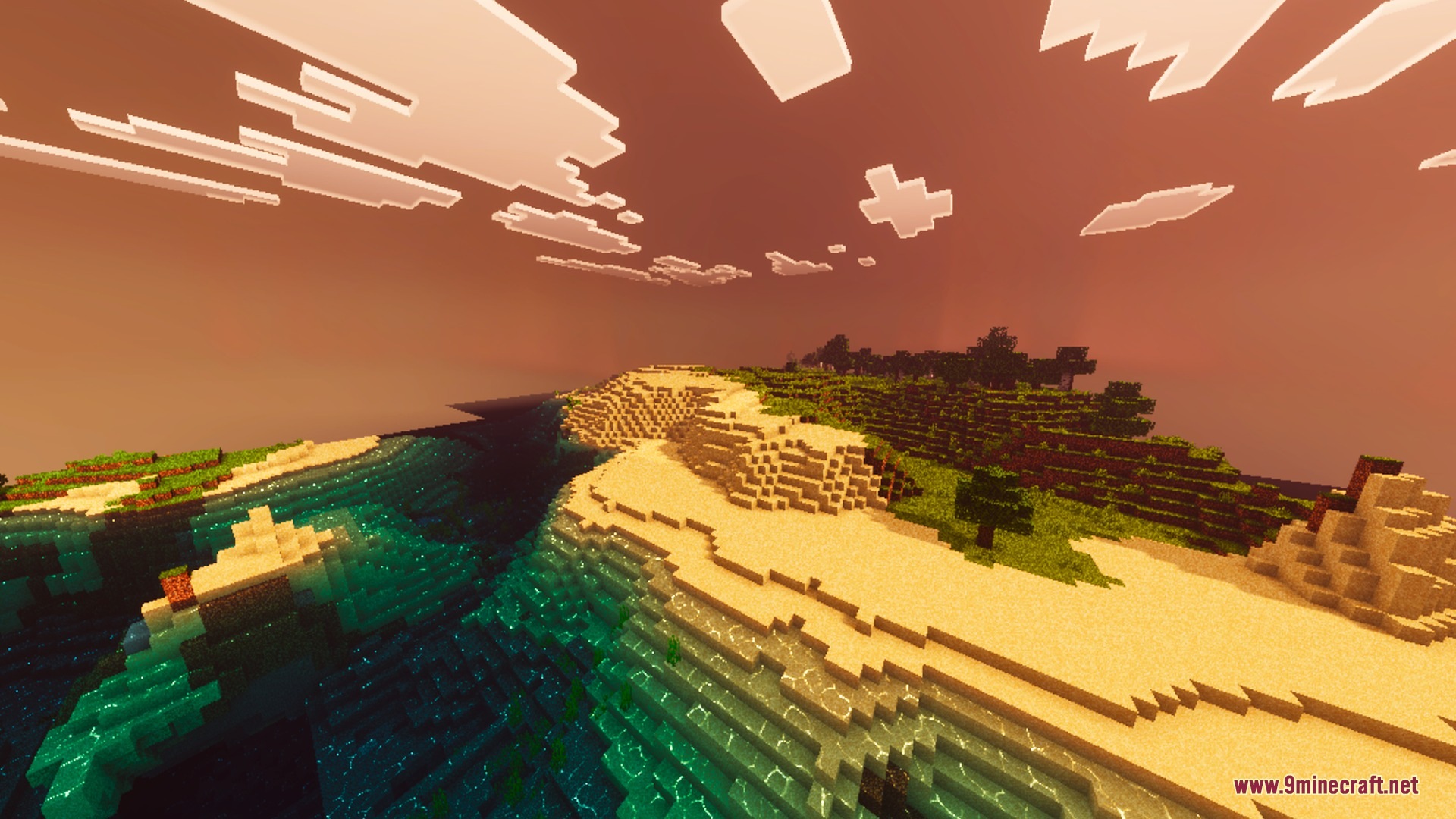 Ember Visuals shader creates a warm orange sunset over the coastal landscape