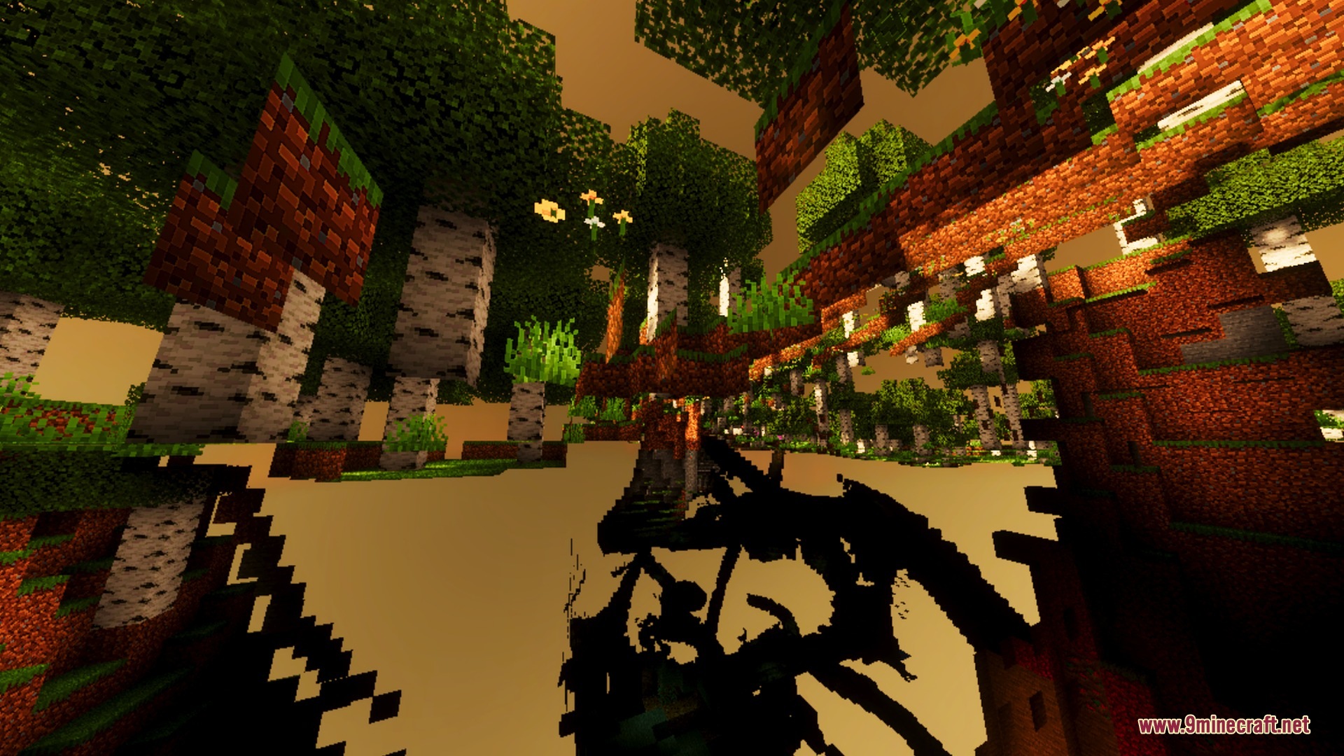Warm ember lighting illuminates a birch forest from a low angle perspective