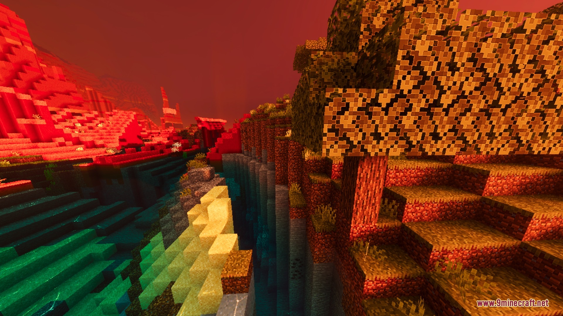 A Minecraft landscape with fiery red lighting and a glowing tree near water