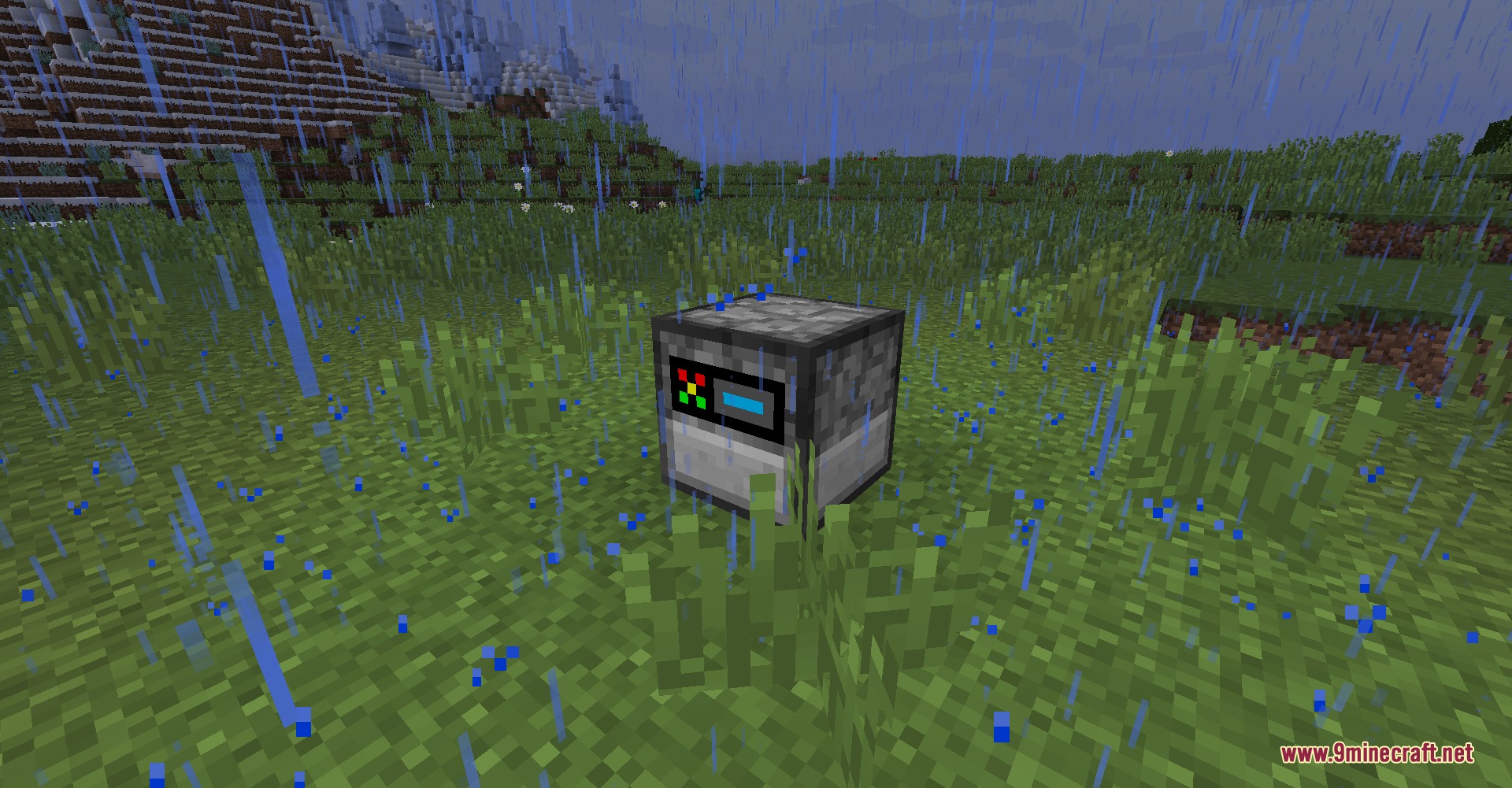 A specialized Combiner block placed on the grass during a rainy day