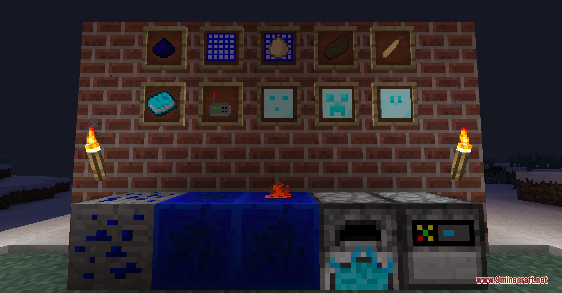 A brick wall displaying modded items and workstations from the Embryo Forge mod