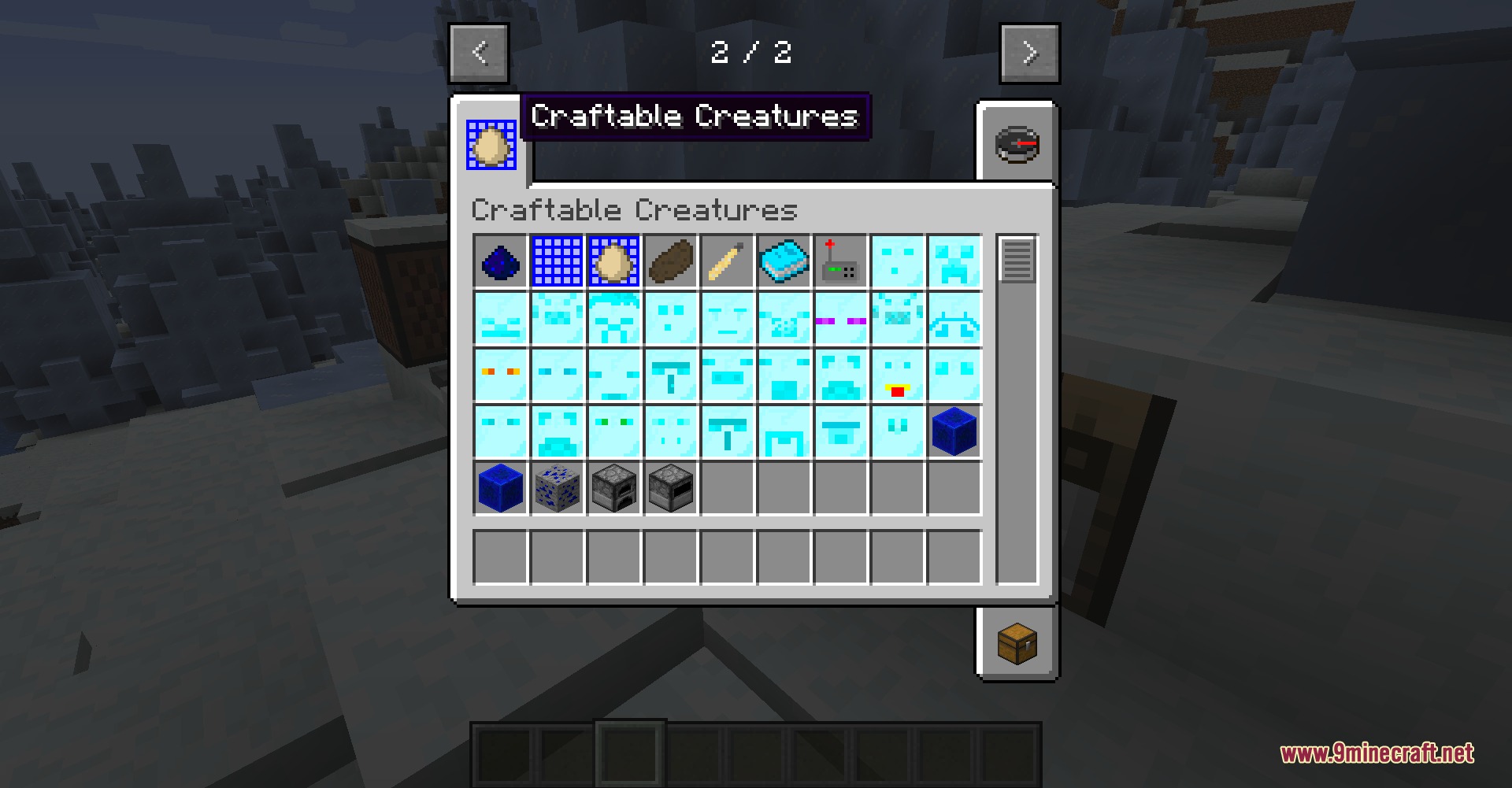 The creative inventory menu showing various craftable creature items and mob spawn blueprints