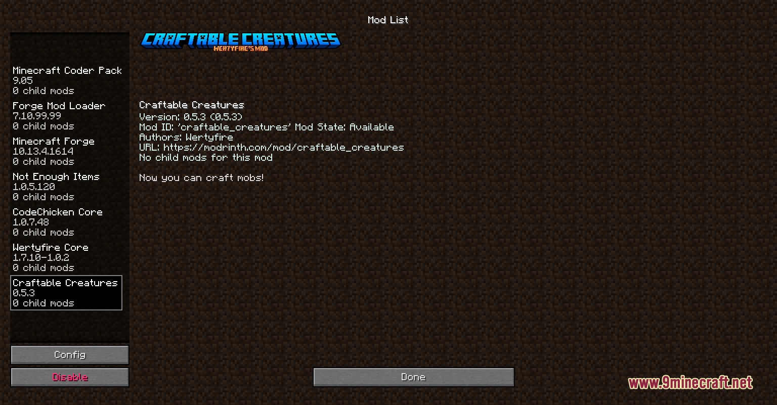 Minecraft mod list menu showing details for the Embryo Forge Mod
