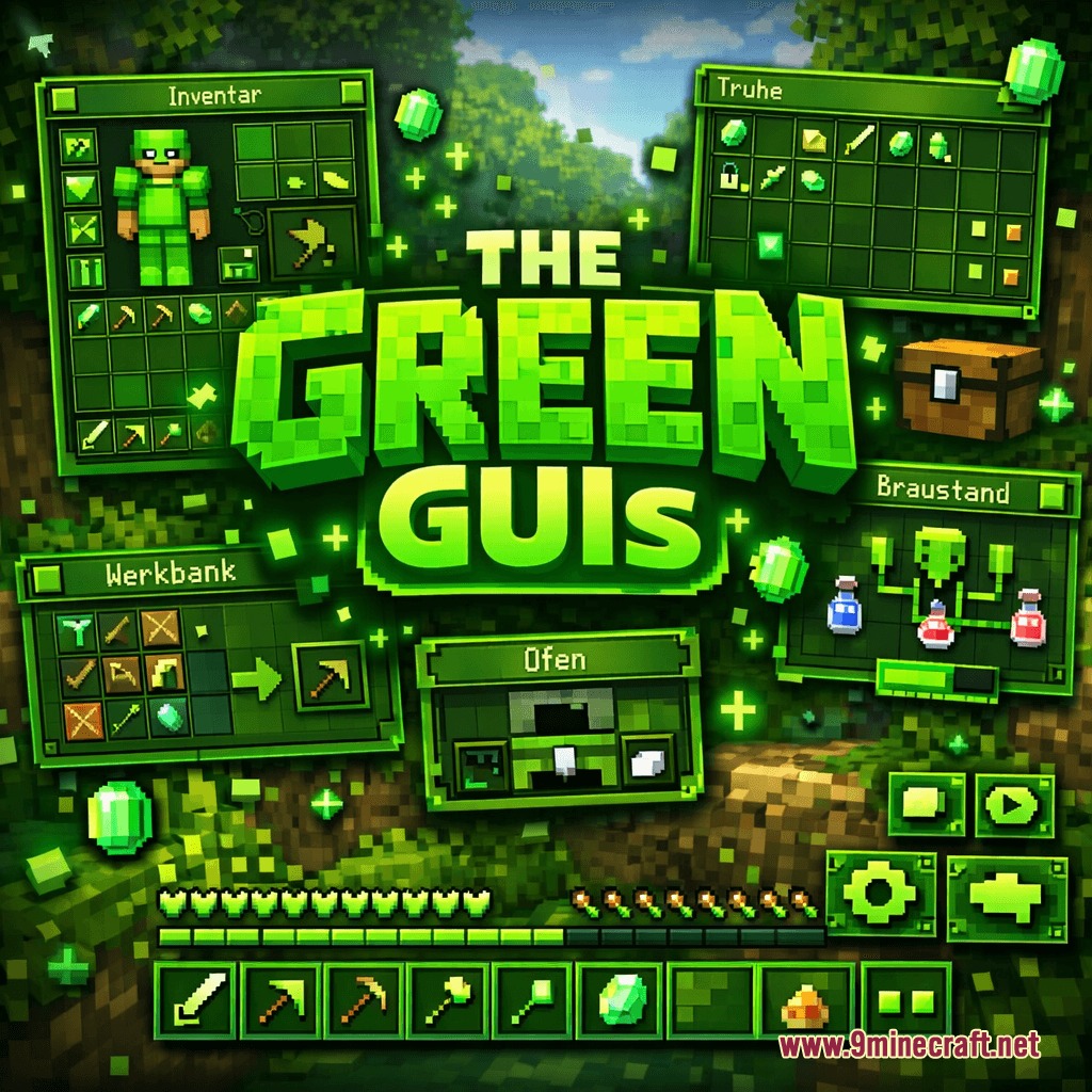 Emerald Interface Vibe Resource Pack Screenshot 1 Emerald Interface Vibe Resource Pack features various green themed menus and inventory screens
