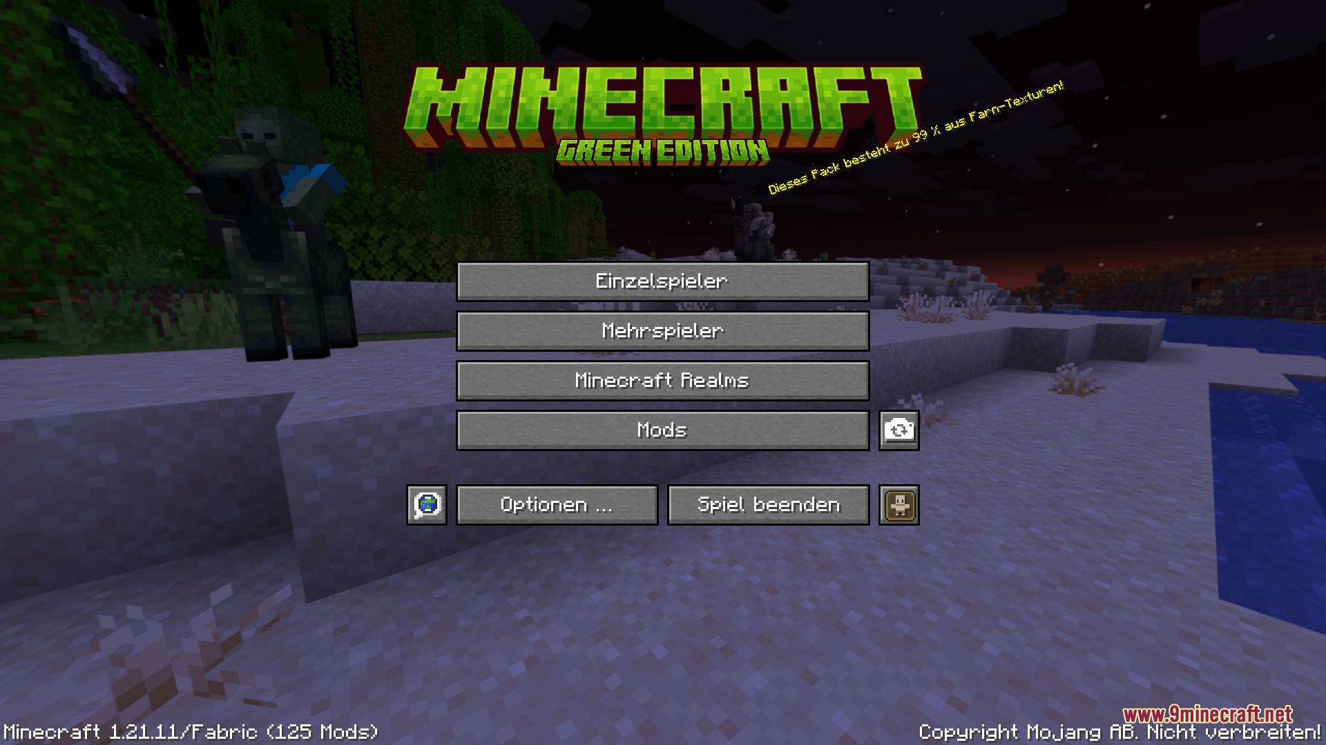 Emerald Interface Vibe Resource Pack Screenshot 2 Minecraft main menu screen with green title text and buttons at night