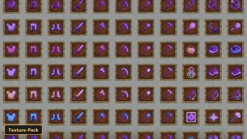 grid of enchanted armor, weapons, and tools with purple glint