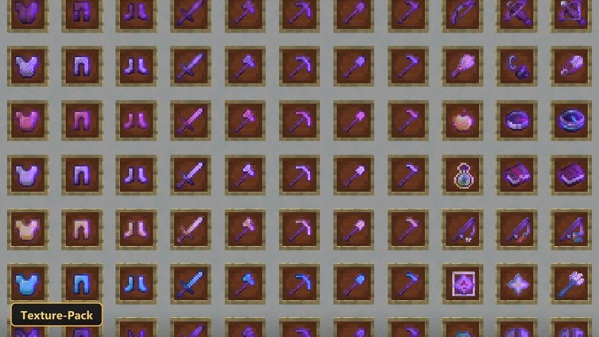 grid of enchanted armor, weapons, and tools with purple glint