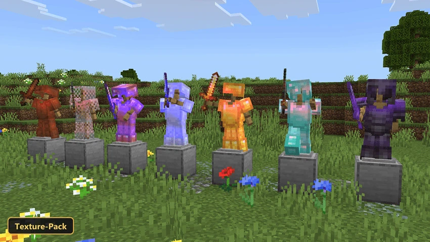 six armor stands displaying different colored enchanted armor and tools in a grassy field