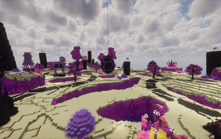 End PVP Island Schematic featuring a floating arena with purple trees and pillars