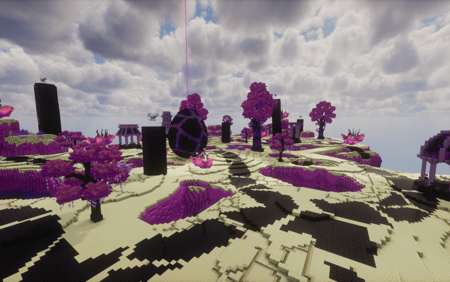 A large black egg sits at the center of the floating End island