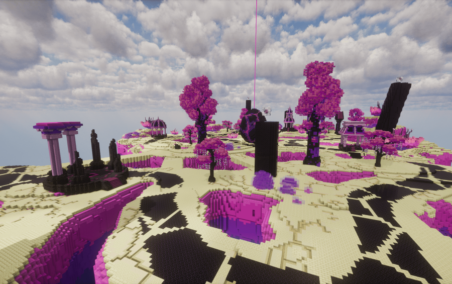 A massive floating island with pink foliage and black pillars for combat